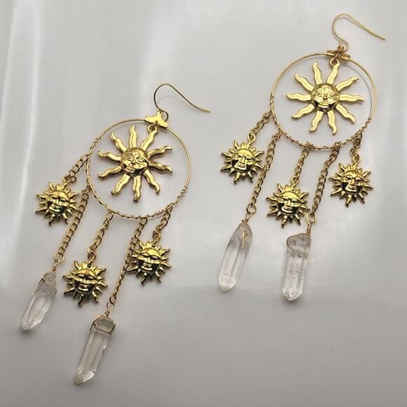 Golden Sun Quartz Crystal Earrings - Picture 2 of 4